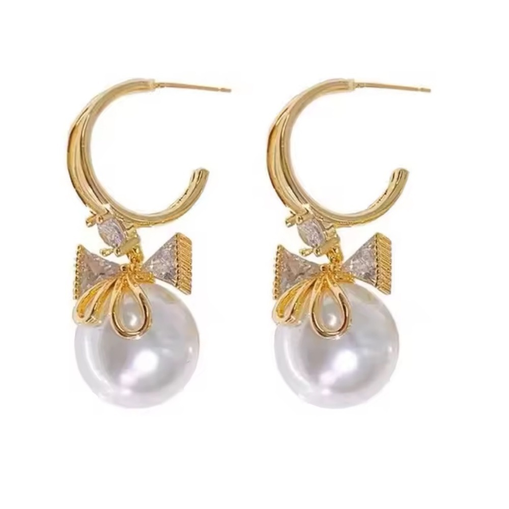 Ribbon bridal Gold and Pearl Drop Earrings